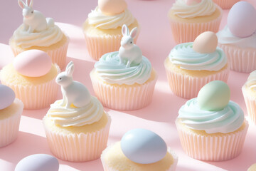 Colorful Cupcakes Topped With Miniature Bunnies and Pastel Eggs for Spring Celebration