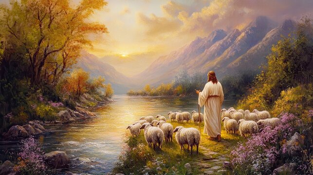 Jesus Christ Guides the Flock by the River