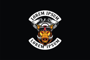 wild boar head with motorcycle engine cartoon character vector logo template
