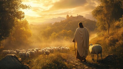 Jesus as the Good Shepherd in Serene Landscape