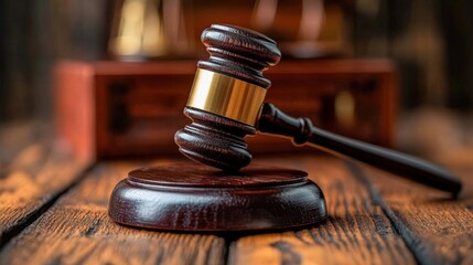 Realistic wooden gavel on a circular base with blurred background, symbolizing justice and legal proceedings in a courtroom setting