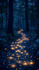 Enchanting path lit by glowing lights in a dark forest at night.