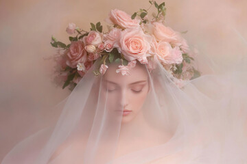 Obraz premium Delicate Crown of Roses and Vines Gracefully Adorns a Serene Figure With Soft Veiling