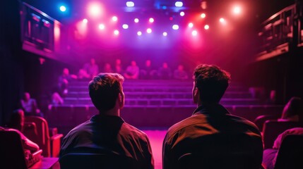 Obraz premium Two Individuals Watching a Performance in a Dimly Lit Theater
