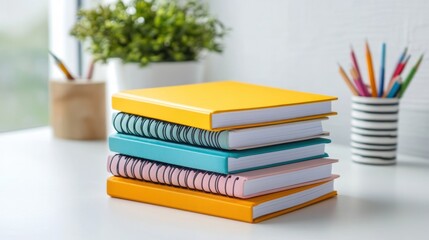 Stack of colorful notebooks on white desk.