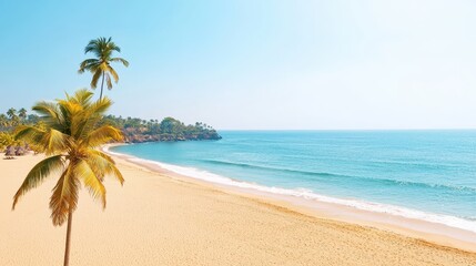 Obraz premium A serene beach scene featuring golden sand, gentle waves, and swaying palm trees under a clear blue sky, perfect for relaxation and tropical vibes.