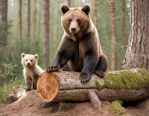 Obraz premium A large brown bear sitting on a fallen tree trunk in a forest, with a smaller white bear cub next to it