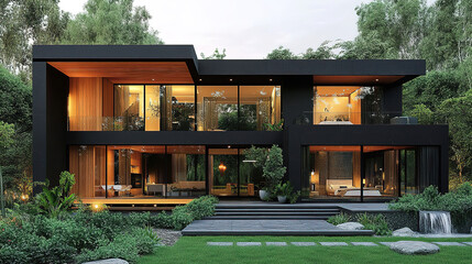 Modern Luxury Minimalist Villa with Wooden Cladding and Black Panel Walls