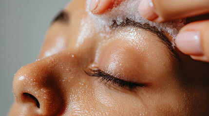 Naklejka premium Close up of person applying facial scrub, showcasing skin texture and care. gentle exfoliation reveals healthy glow, emphasizing self care and relaxation