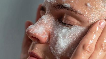 Close up of person applying facial scrub, showcasing skin care routine and relaxation. gentle exfoliation reveals refreshing and rejuvenating experience