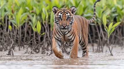 Fototapeta premium Observing a wild male tiger up close by the river, a thrilling peek into the realm of big cats