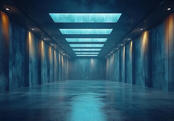 A wide, empty room with concrete walls and blue lights. The ceiling has skylights, and it is a very low-angle shot. 