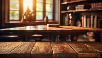 A close-up shot of a vintage wooden table or shelf in an empty interior design setting conveys a sense of nostalgia and simplicity