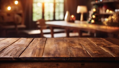 A close-up shot of a vintage wooden table or shelf in an empty interior design setting conveys a sense of nostalgia and simplicity