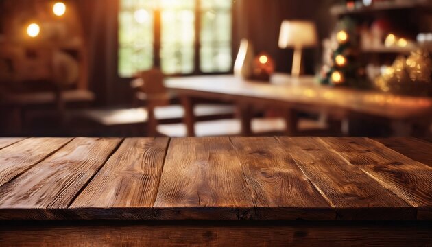 A close-up shot of a vintage wooden table or shelf in an empty interior design setting conveys a sense of nostalgia and simplicity
