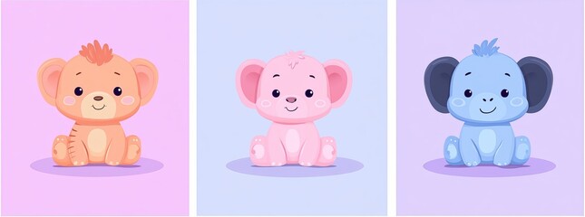 Obraz premium Cute jungle animals. Cartoon African wild mammals. A funny lion, zebra, happy elephant, monkey, nice hippo, toucan, and parrot birds. Kids' safari animal. Modern set