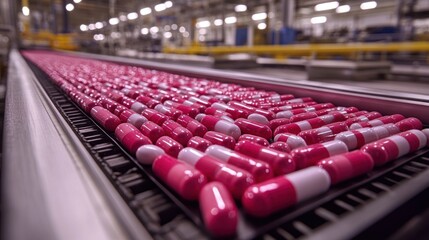 Fototapeta premium Pink capsules moving on conveyor belt in pharmaceutical factory.