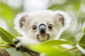 Fototapeta premium A baby koala clinging to its mother back, both perched on a tree trunk surrounded by lush green foliage