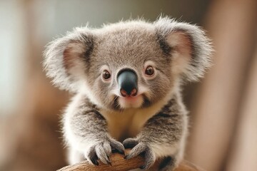 Fototapeta premium A baby koala taking its first steps on a branch, with its mother watching nearby