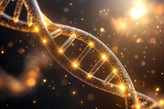 A DNA strand illuminated by ultraviolet light, with glowing nucleotide pairs contrasting against a dark background