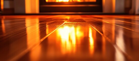 Warm glow from fireplace reflected on wooden floor.