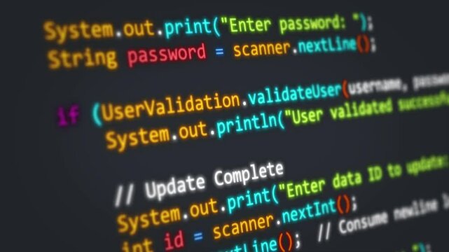 Colorful code scrolling animation, developer is writing program lines in Java language suitable for footage about creating application software.