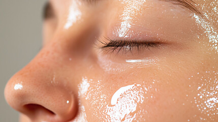 Fototapeta premium Close up of radiant skin with visible hydration, showcasing healthy glow and smooth texture. image captures essence of skincare and beauty