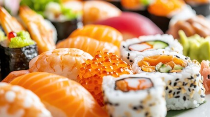 Assorted Sushi Selection Featuring Salmon Shrimp and Rolls