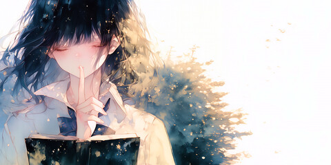 静かに本を読む女性。少女。水彩画。イラスト。挿絵。バナー素材。