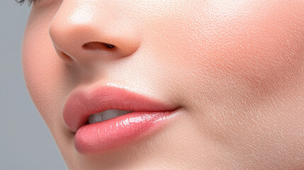 Obraz premium Radiant skin glowing with healthy sheen, showcasing smooth texture and soft lips. Perfect for beauty and skincare themes