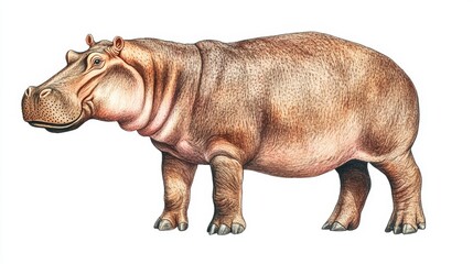 Obraz premium Watercolor illustration of a hippopotamus, set on a white background, featuring creative conceptual wildlife art with abstract brush strokes and a blend of realism
