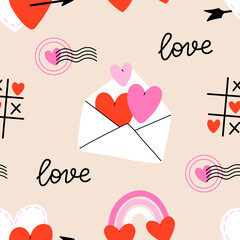 Valentine's Day seamless pattern with heart and other elements. Valentine's day, wedding and love concept. Vector background for wrapping paper, textile and others