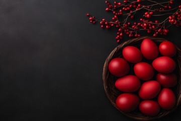 Hand-painted Easter Eggs Arranged in a Basket With Decorative Branches on a Dark Surface