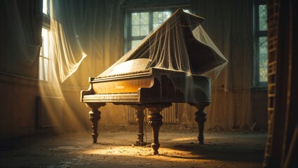 Abandoned grand piano covered in dust and cobwebs in an old, dimly lit room