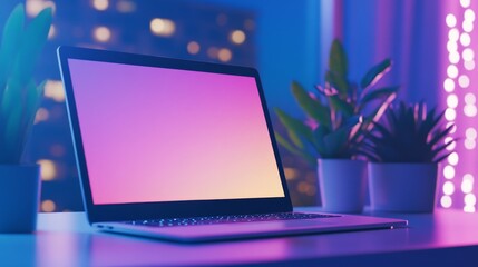 A laptop on a desk with plants, illuminated by colorful ambient lighting.