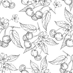 Cherry vector black and white seamless pattern hand drawn with ink. Leaves, berries and flowers on a white background. Template for design of textiles, wrapping paper and labels