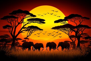 Obraz premium Sunset over an African savanna with elephant silhouettes and acacia trees