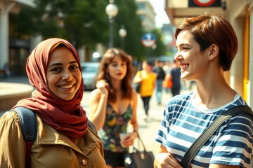 Fototapeta premium two women in hijab walking on the street