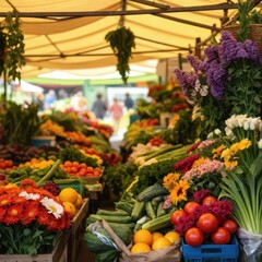 a market with lots of fresh fruits and vegetables