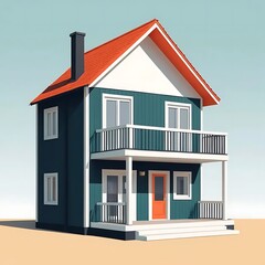 Obraz premium Charming Teal Cottage: Red Roof, Balcony, and Simple Design