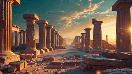 Fototapeta premium Ancient columns stand tall at sunset in a historical archaeological site