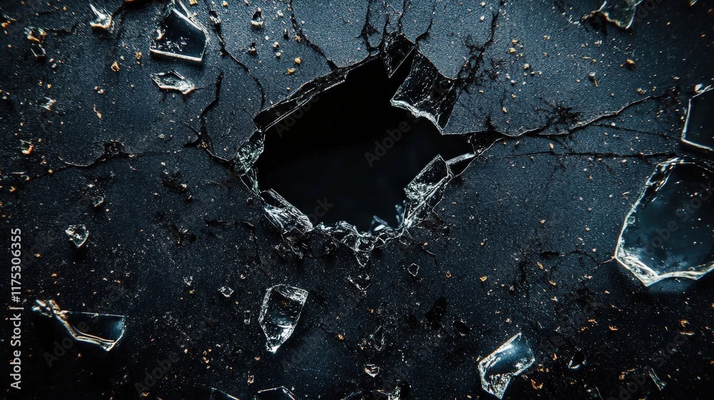 Poster broken glass fragment on dark background with sharp edges and intricate details captured in high res