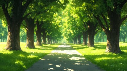 Sunlit Path Through a Lush Avenue of Trees on a Sunny Day