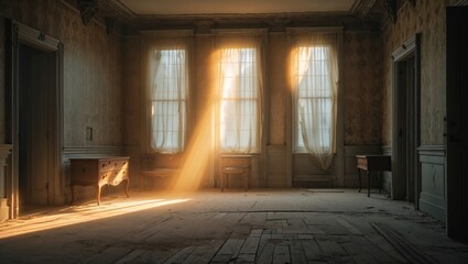 Obraz premium Light filters through dusty windows in a quiet, empty room during the afternoon