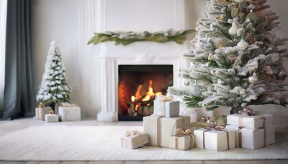 Gifts under Christmas tree by fireplace. White minimalistic scandi style New Year interior. Stack of presents in snow on floor. Blurred living room background with copy space.