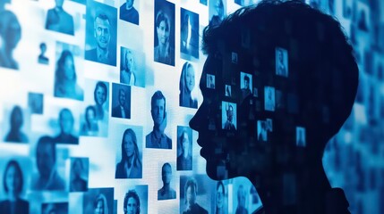 Person's profile silhouette overlaid on numerous faces, representing social media, networking, or data privacy.