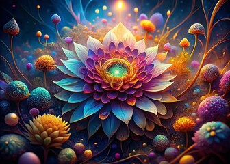 Surreal Botanical Diagram: Labeled Flower Anatomy in Vibrant, Dreamlike Style