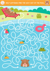 Naklejka premium Fun maze for kids with capybara swimming in the pool and relaxing in lounger under umbrella. Capibara preschool printable activity with cute animal. Labyrinth game or puzzle with nature landscape