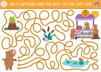 Fun maze for kids with capybara going to dessert cart. Capibara preschool printable activity. Labyrinth game or puzzle with cute animals, food trolley. Find the way to capy bar worksheet