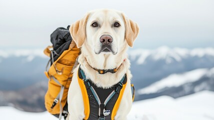 A dog with a backpack posing in a snowy landscape, surrounded by mountains.